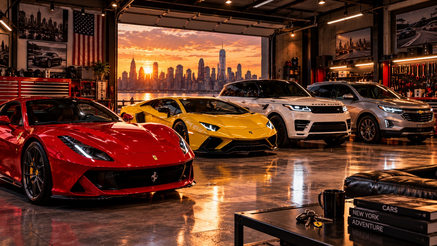 Scott Allen's garage with a red Ferrari, yellow Lamborghini, white Range Rover and silver Chevy Equinox